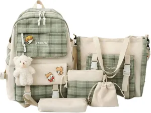 5Pcs Kawaii Canvas School Backpack Combo Set with Pear Pendant Cute Pins Tote Bag Pencil Pouch Plaid Checkered Aesthetic Laptop Schoolbag Daypack Kit Back To School (Green)