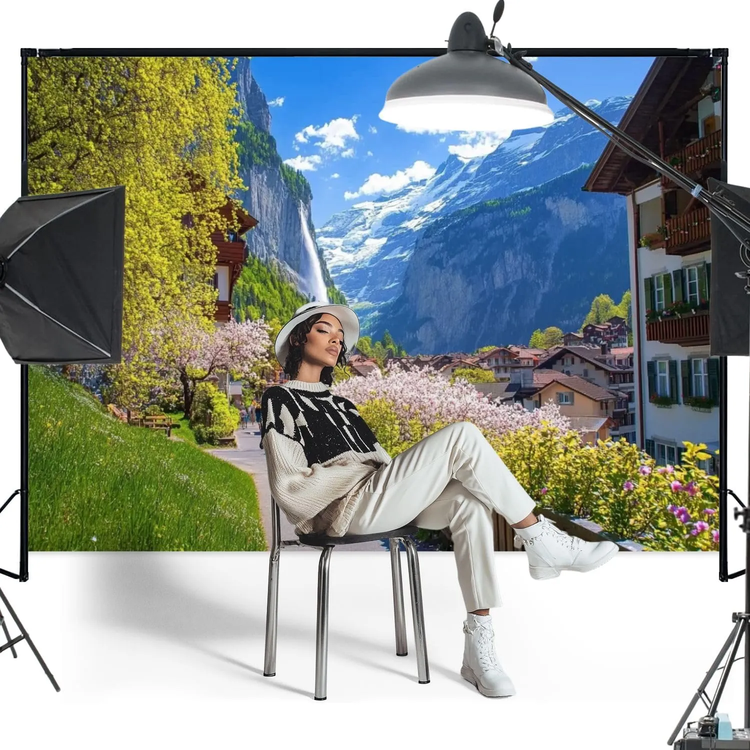 5x7FT Amazing Alpine Landscape Lauterbrunnen Village Church Waterfall Backdrop Background for Photoshoot Background Photography Screen Video Recording Parties Curtain Picture Live Streaming