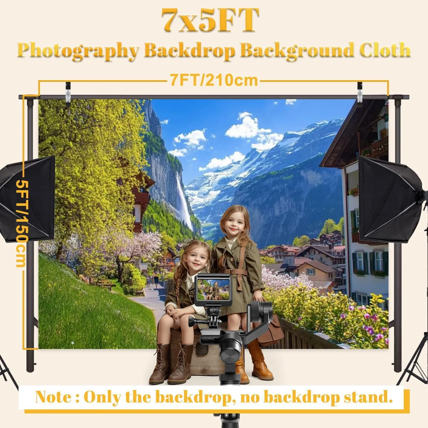 5x7FT Amazing Alpine Landscape Lauterbrunnen Village Church Waterfall Backdrop Background for Photoshoot Background Photography Screen Video Recording Parties Curtain Picture Live Streaming