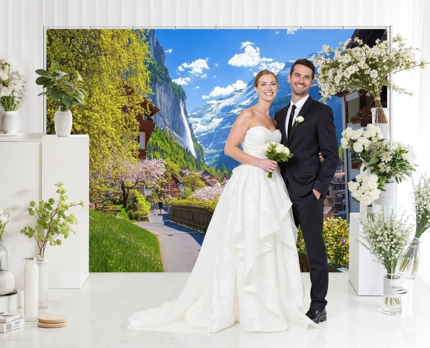 5x7FT Amazing Alpine Landscape Lauterbrunnen Village Church Waterfall Backdrop Background for Photoshoot Background Photography Screen Video Recording Parties Curtain Picture Live Streaming