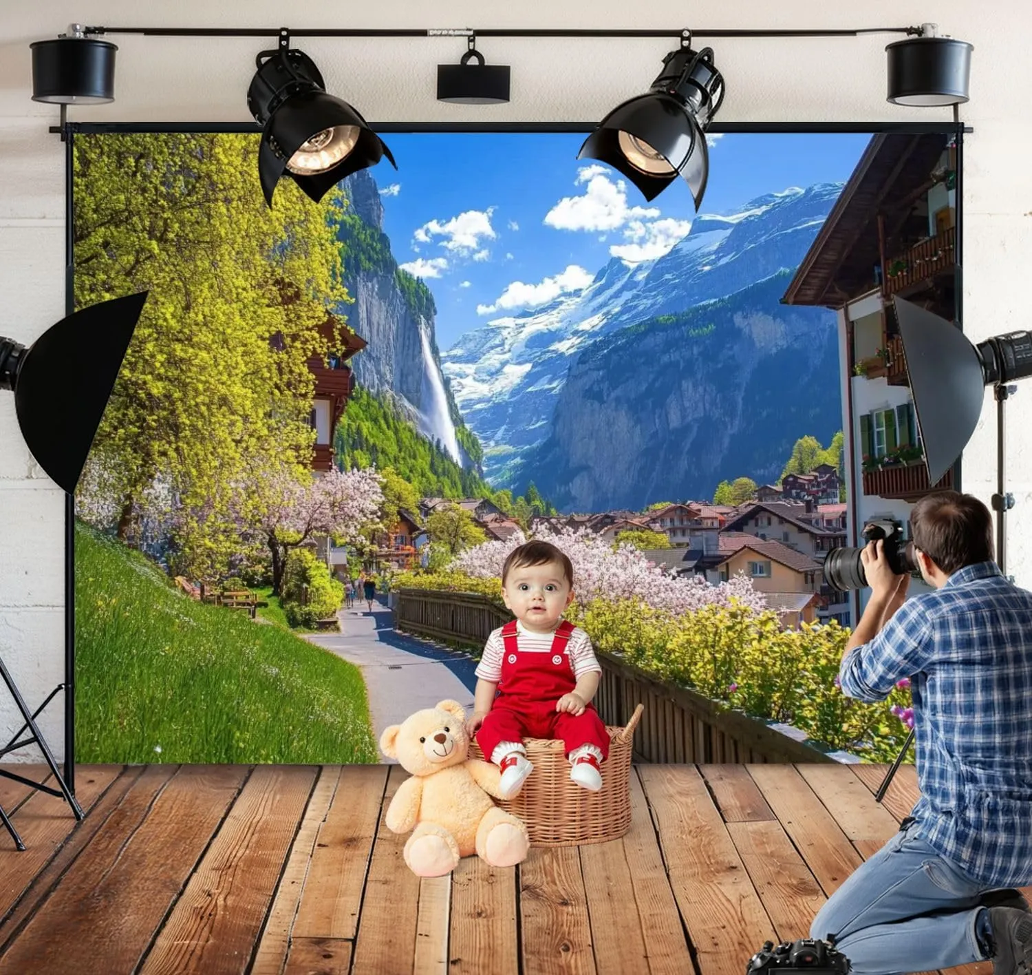 5x7FT Amazing Alpine Landscape Lauterbrunnen Village Church Waterfall Backdrop Background for Photoshoot Background Photography Screen Video Recording Parties Curtain Picture Live Streaming