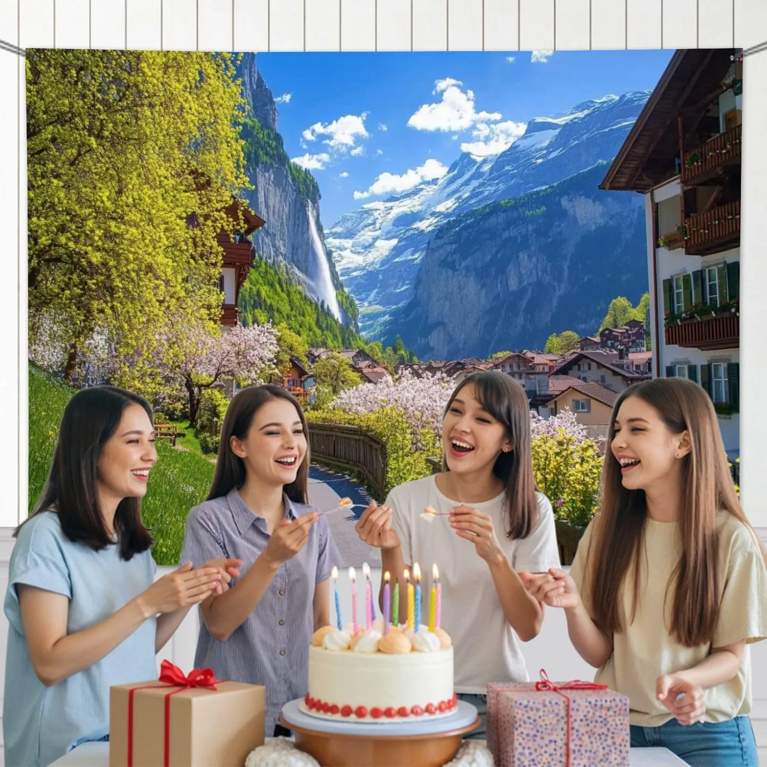 5x7FT Amazing Alpine Landscape Lauterbrunnen Village Church Waterfall Backdrop Background for Photoshoot Background Photography Screen Video Recording Parties Curtain Picture Live Streaming