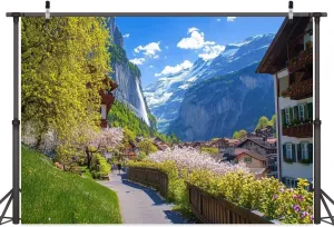 5x7FT Amazing Alpine Landscape Lauterbrunnen Village Church Waterfall Backdrop Background for Photoshoot Background Photography Screen Video Recording Parties Curtain Picture Live Streaming