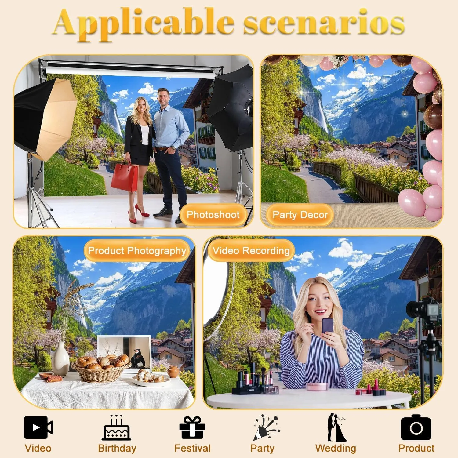5x7FT Amazing Alpine Landscape Lauterbrunnen Village Church Waterfall Backdrop Background for Photoshoot Background Photography Screen Video Recording Parties Curtain Picture Live Streaming