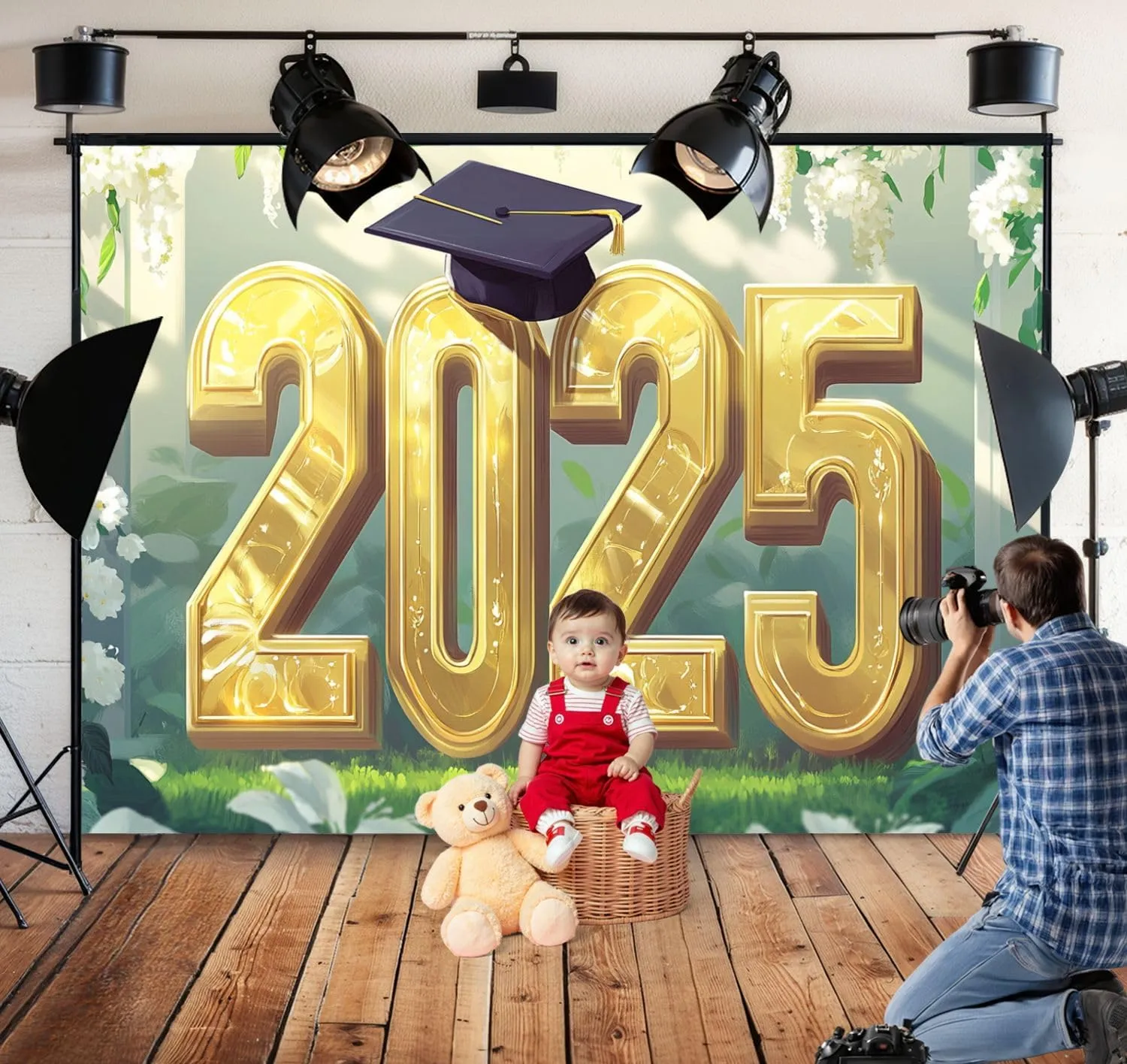 5x7FT Graduation Art 2025 Gold Letters Verdant Space Decor Backdrop Background for Photoshoot Background Photography Screen Video Recording Parties Curtain Picture Live Streaming