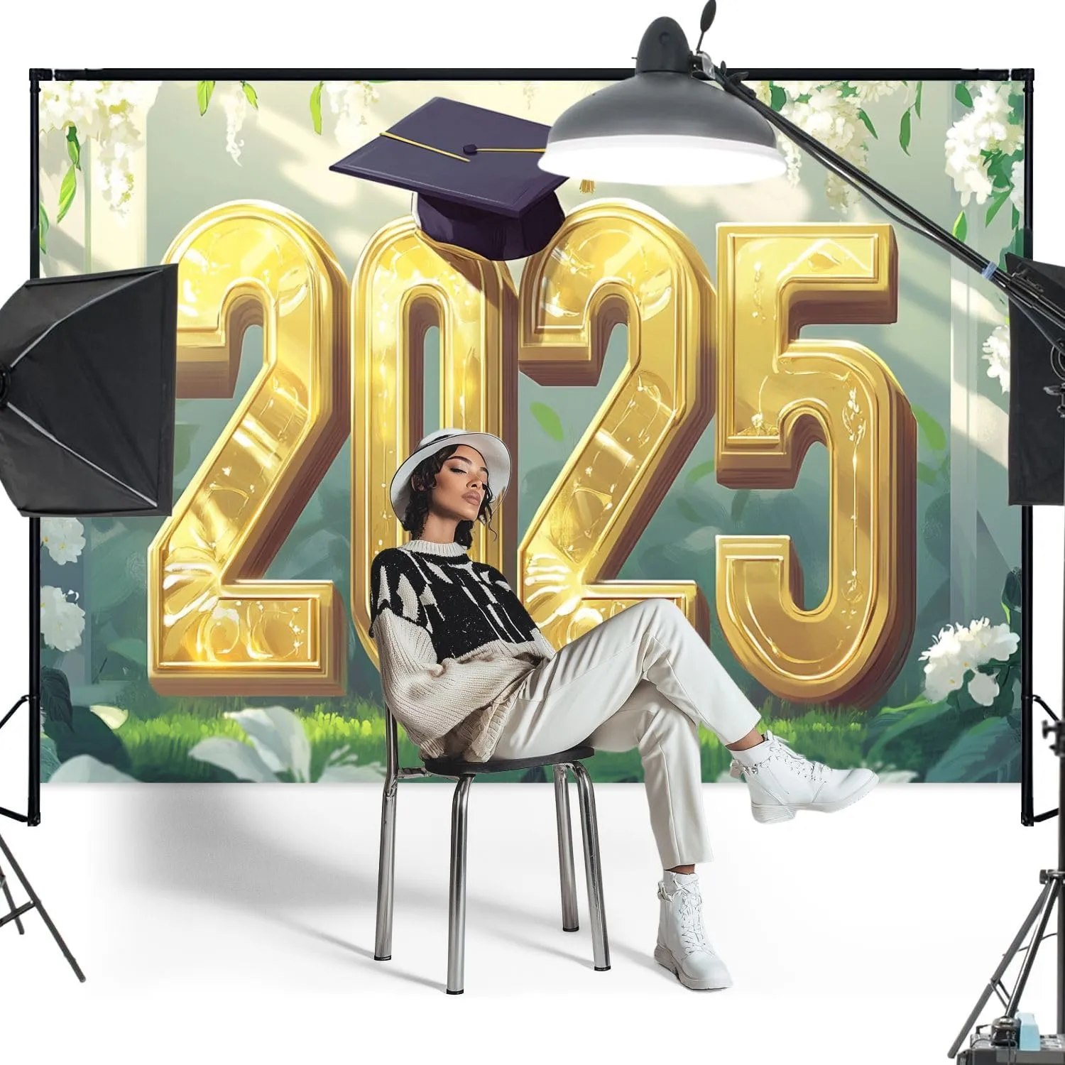 5x7FT Graduation Art 2025 Gold Letters Verdant Space Decor Backdrop Background for Photoshoot Background Photography Screen Video Recording Parties Curtain Picture Live Streaming