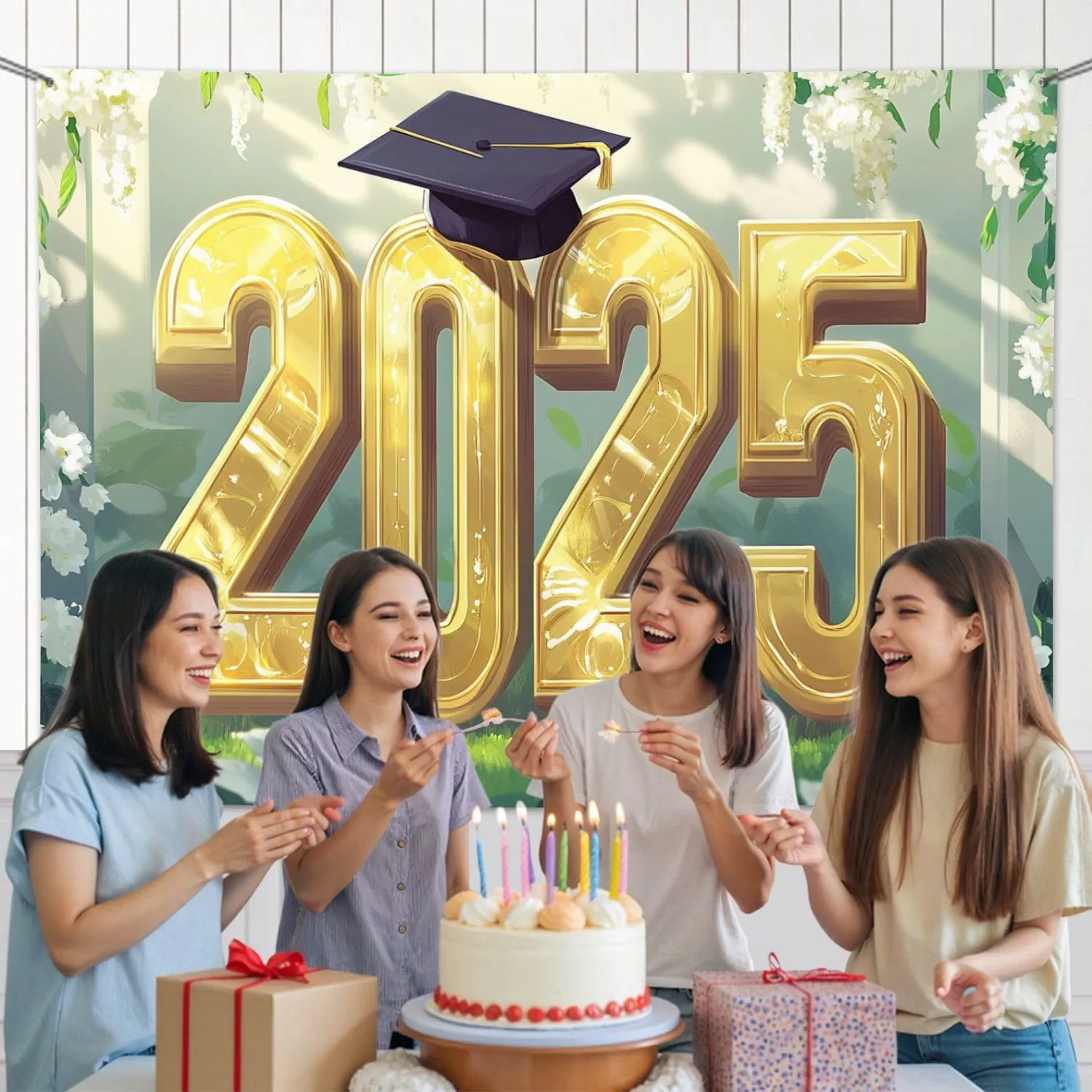 5x7FT Graduation Art 2025 Gold Letters Verdant Space Decor Backdrop Background for Photoshoot Background Photography Screen Video Recording Parties Curtain Picture Live Streaming