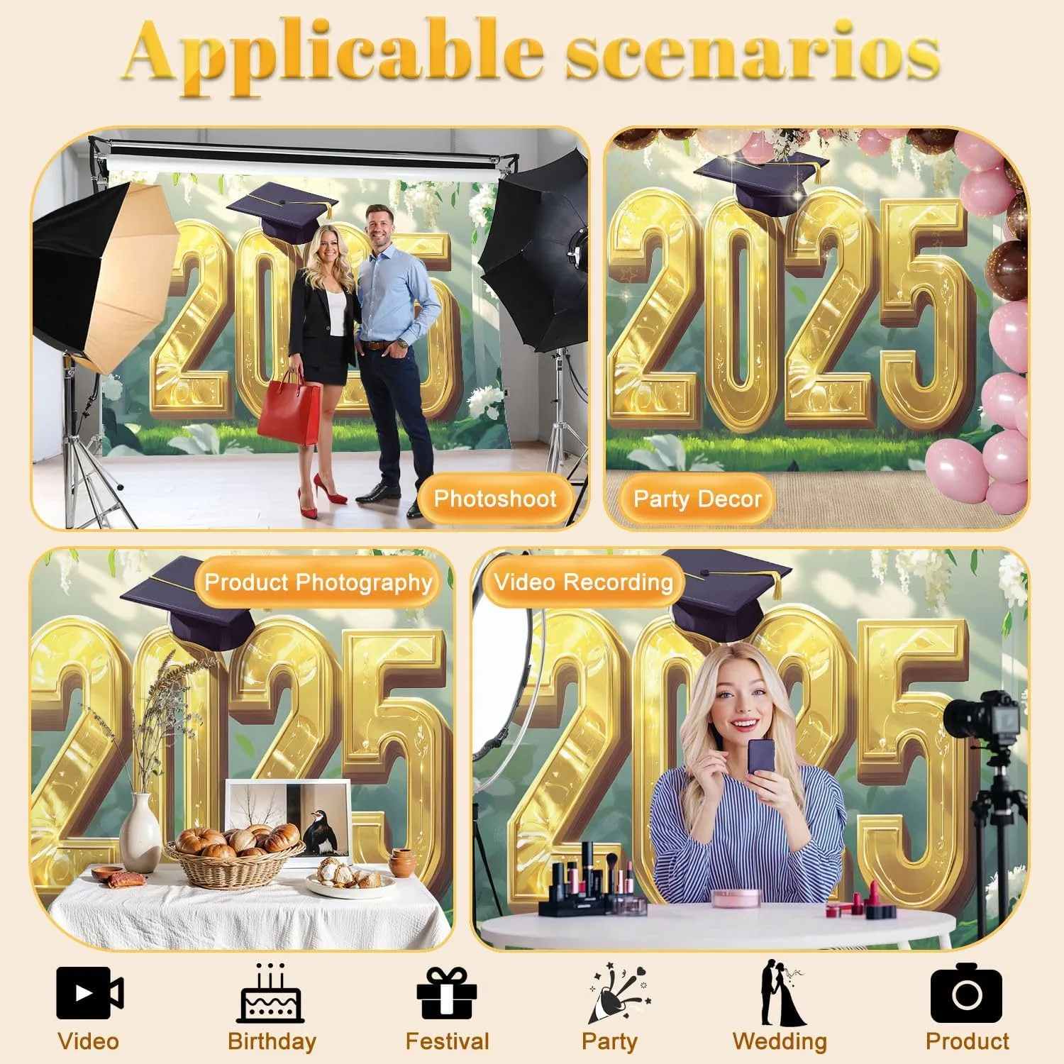 5x7FT Graduation Art 2025 Gold Letters Verdant Space Decor Backdrop Background for Photoshoot Background Photography Screen Video Recording Parties Curtain Picture Live Streaming