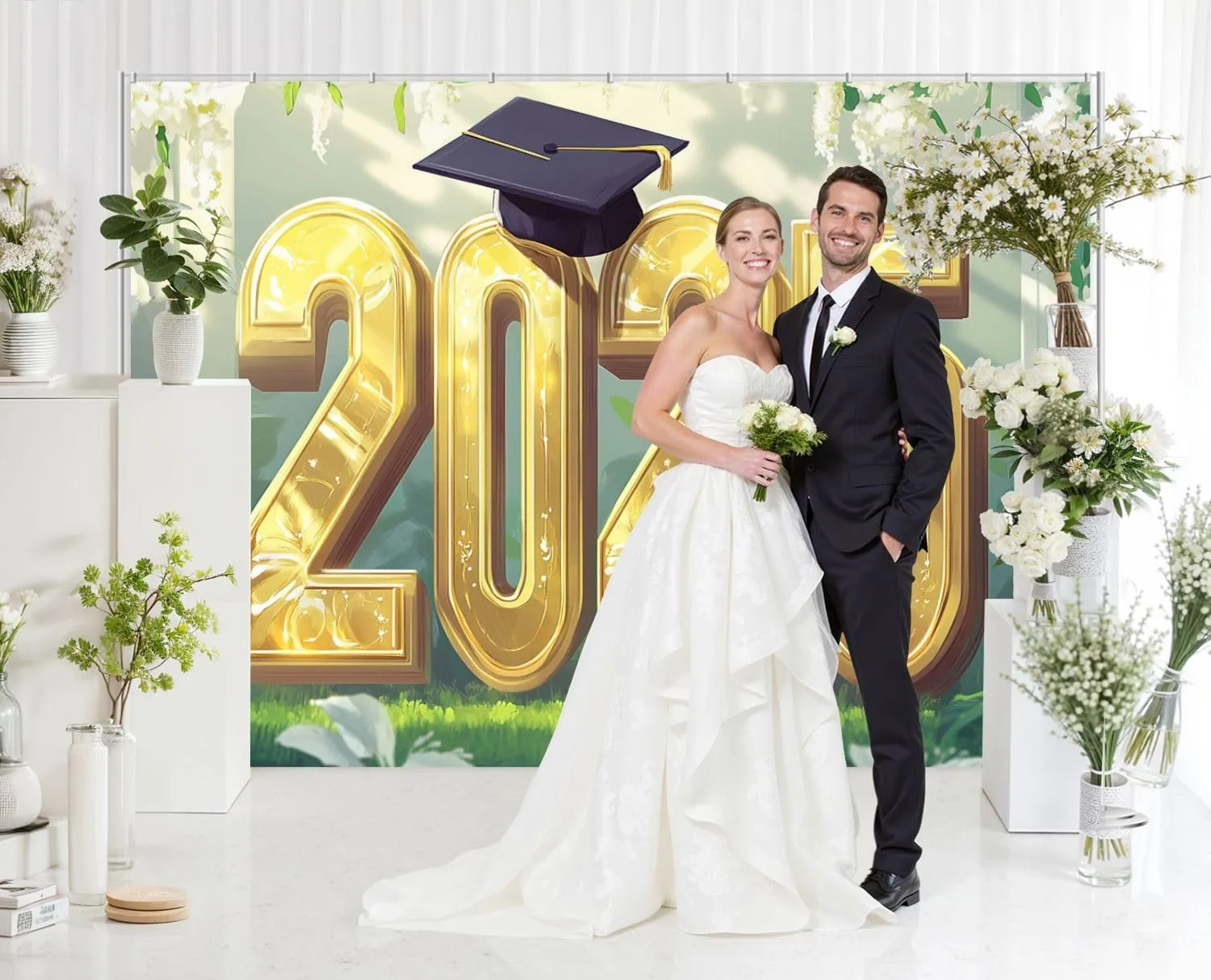 5x7FT Graduation Art 2025 Gold Letters Verdant Space Decor Backdrop Background for Photoshoot Background Photography Screen Video Recording Parties Curtain Picture Live Streaming