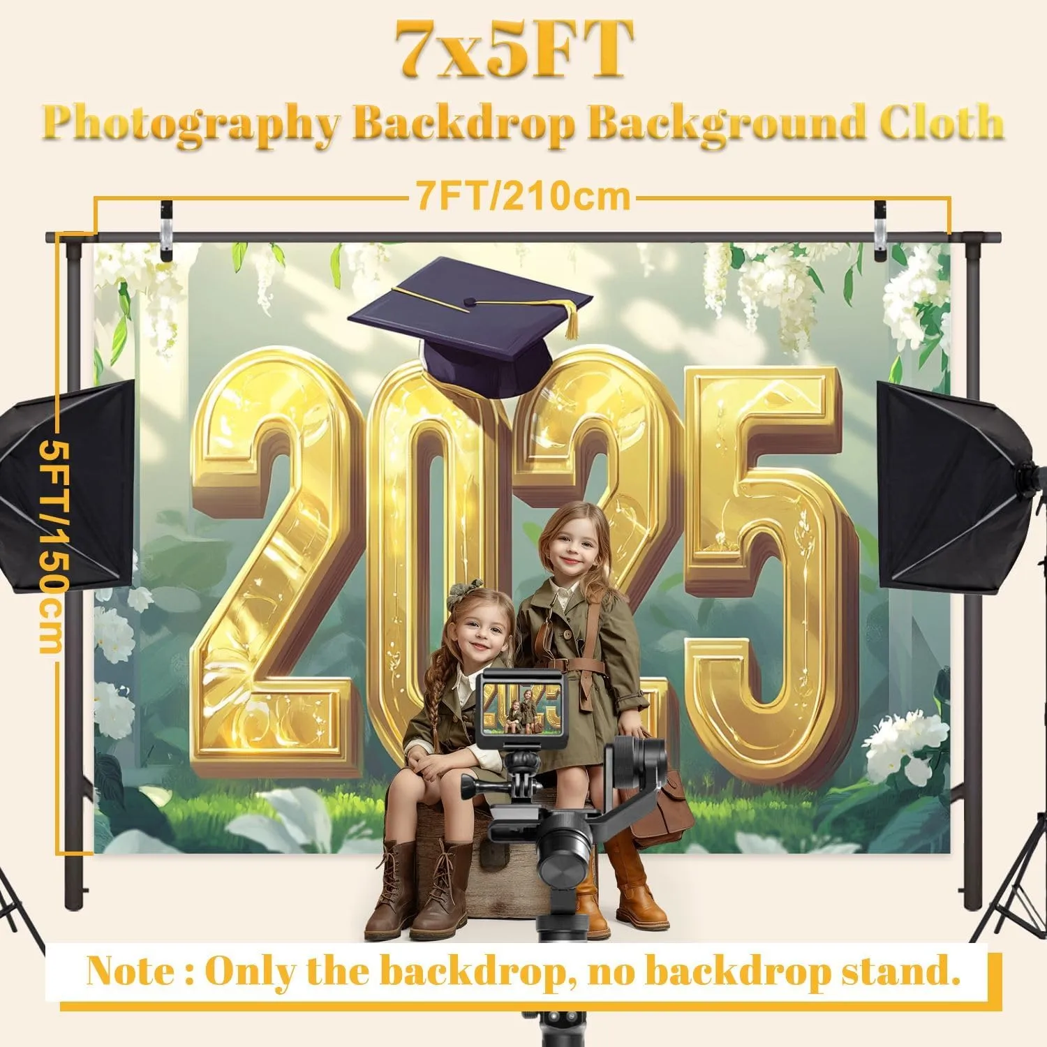 5x7FT Graduation Art 2025 Gold Letters Verdant Space Decor Backdrop Background for Photoshoot Background Photography Screen Video Recording Parties Curtain Picture Live Streaming
