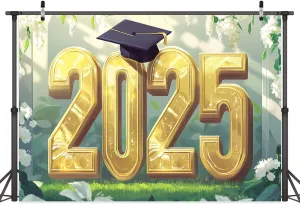 5x7FT Graduation Art 2025 Gold Letters Verdant Space Decor Backdrop Background for Photoshoot Background Photography Screen Video Recording Parties Curtain Picture Live Streaming
