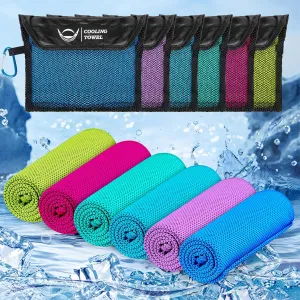 6 Pack Cooling Towels(40”x12”) with Mesh Carrying bag,Ice Towel for Neck and Face,Soft Breathable Chilly Towel for Sports Gym Jogging Yoga Hiking Camping,Chemical-free,Skin-friendly,Anti-UV