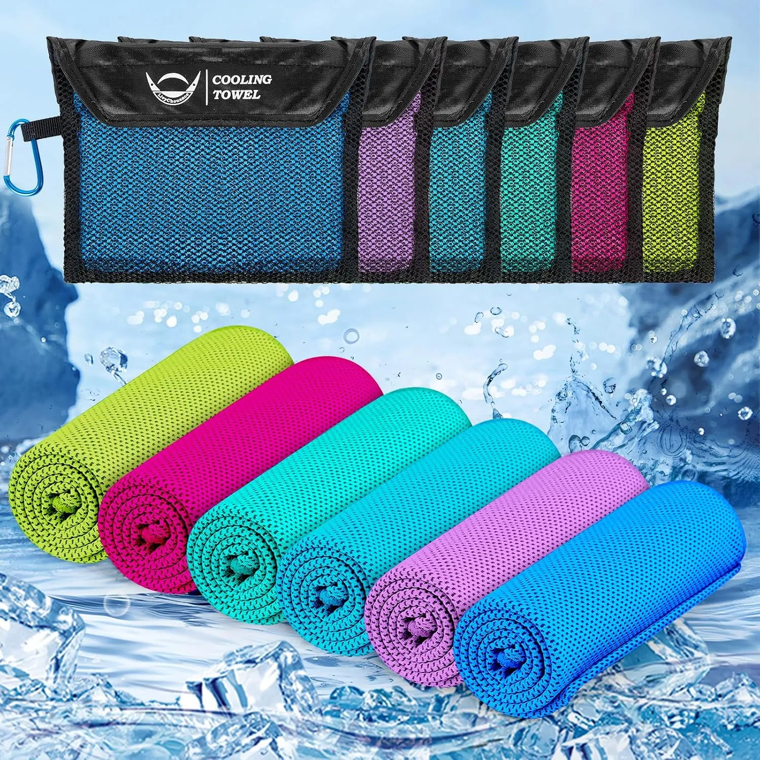 6 Pack Cooling Towels(40”x12”) with Mesh Carrying bag,Ice Towel for Neck and Face,Soft Breathable Chilly Towel for Sports Gym Jogging Yoga Hiking Camping,Chemical-free,Skin-friendly,Anti-UV