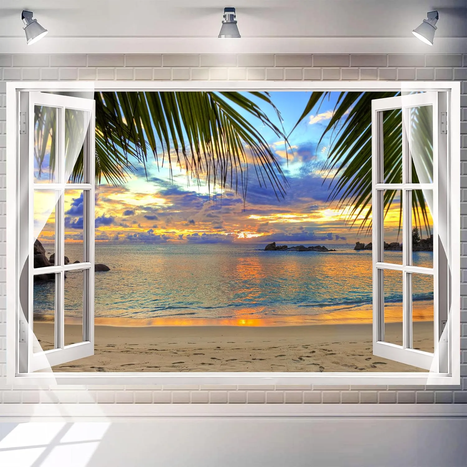 7 x 5 ft Hawaii Beach Backdrop Tropical Summer Seaside Window Ocean Scene Sunset Background Aloha Luau Party Decorations Photo Booth Props Outdoor Banner Polyester Fabric