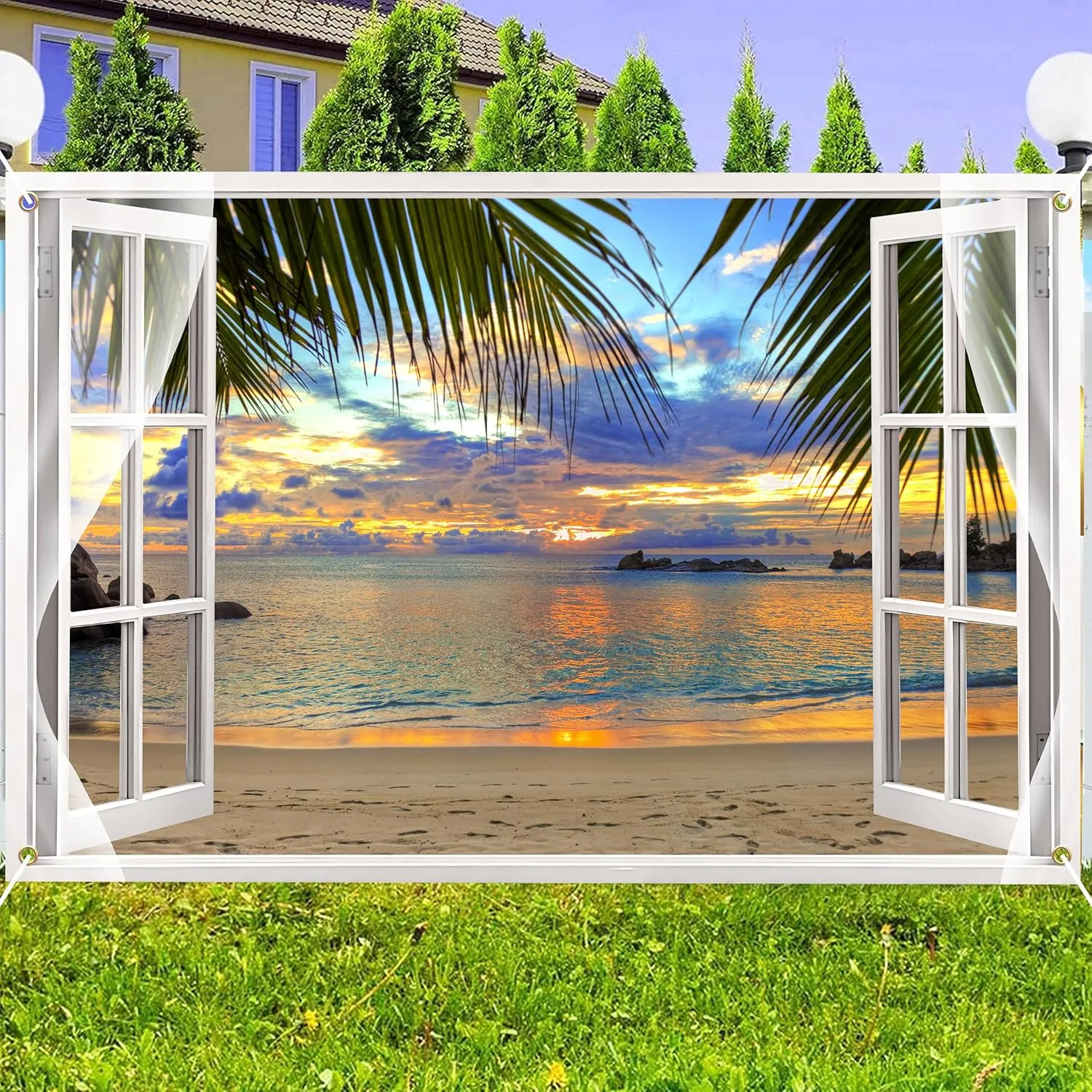 7 x 5 ft Hawaii Beach Backdrop Tropical Summer Seaside Window Ocean Scene Sunset Background Aloha Luau Party Decorations Photo Booth Props Outdoor Banner Polyester Fabric