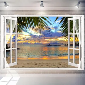 7 x 5 ft Hawaii Beach Backdrop Tropical Summer Seaside Window Ocean Scene Sunset Background Aloha Luau Party Decorations Photo Booth Props Outdoor Banner Polyester Fabric