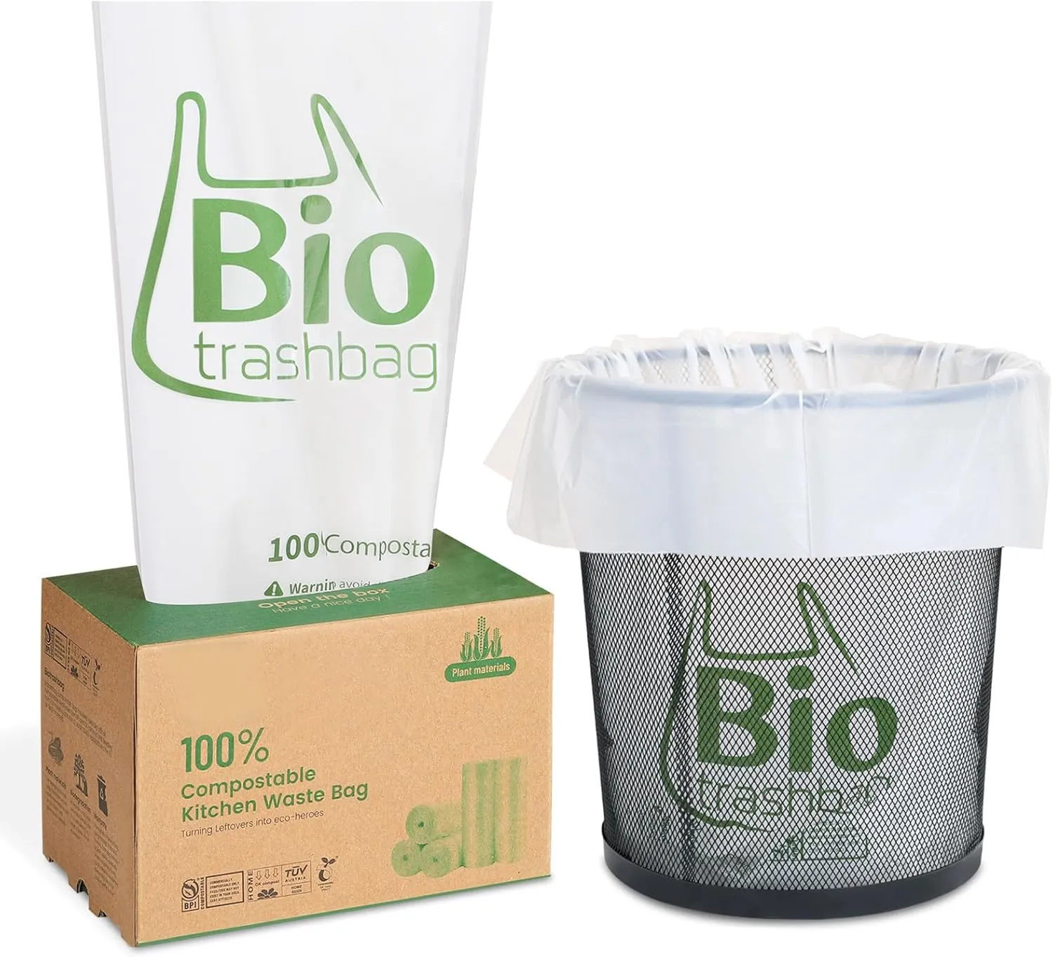 8 Gallon Compostable Trash Bags, 100 PCS Biodegradable Flat-top Food Waste Bags, BPI Certified Compost Bags Leak-Proof, Plant-Based, Heavy Duty Tall Kitchen Garbage Bags
