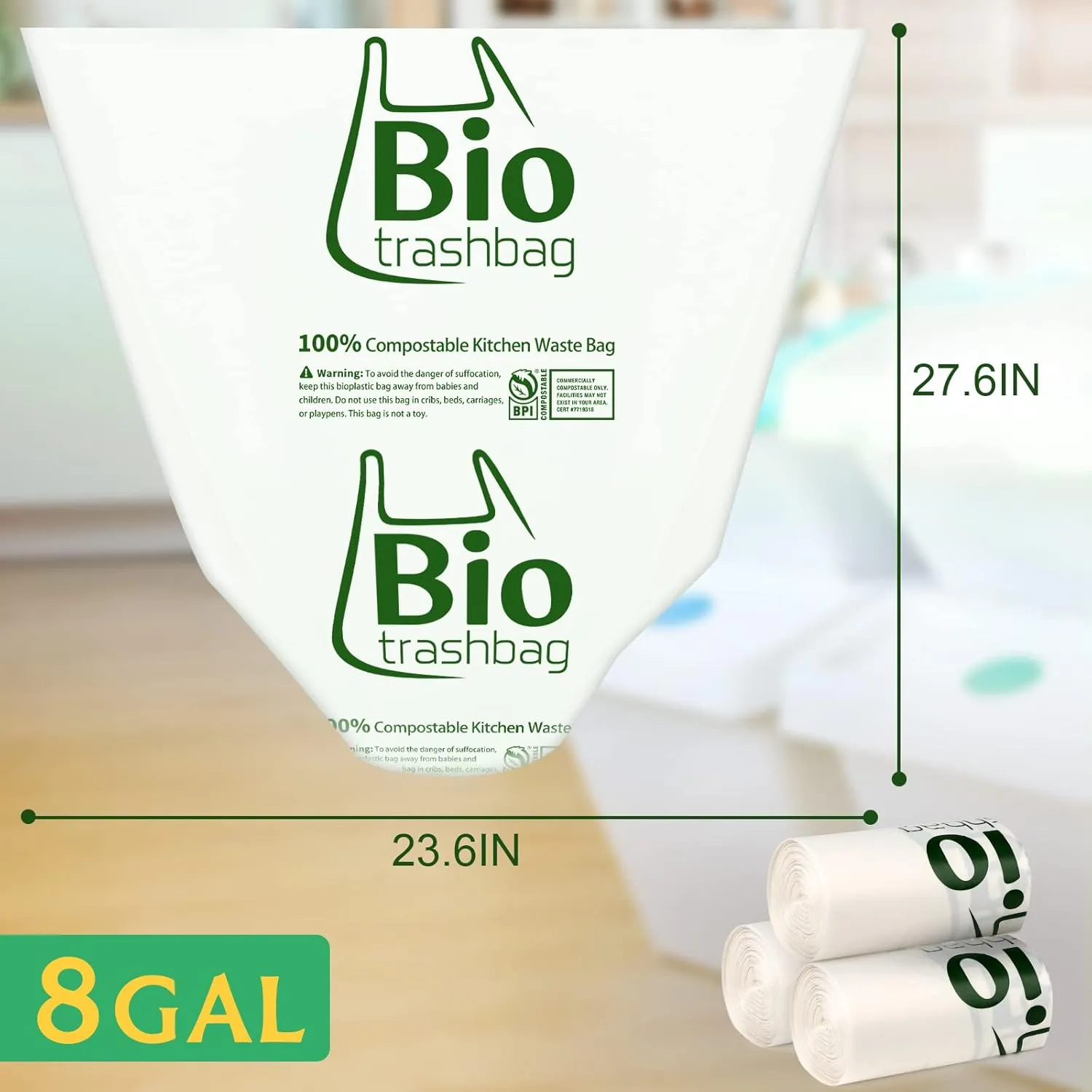 8 Gallon Compostable Trash Bags, 100 PCS Biodegradable Flat-top Food Waste Bags, BPI Certified Compost Bags Leak-Proof, Plant-Based, Heavy Duty Tall Kitchen Garbage Bags