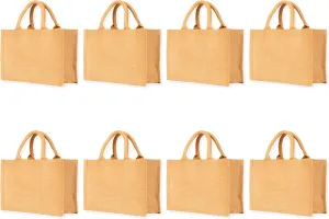8-Pack Jute Tote Bags – Reusable Gift Bags with Tube Handles, Perfect for Shopping, Grocery, Bridesmaids, DIY, Weddings, Beach, and More 8" H x 12" L x 4" W., Natural