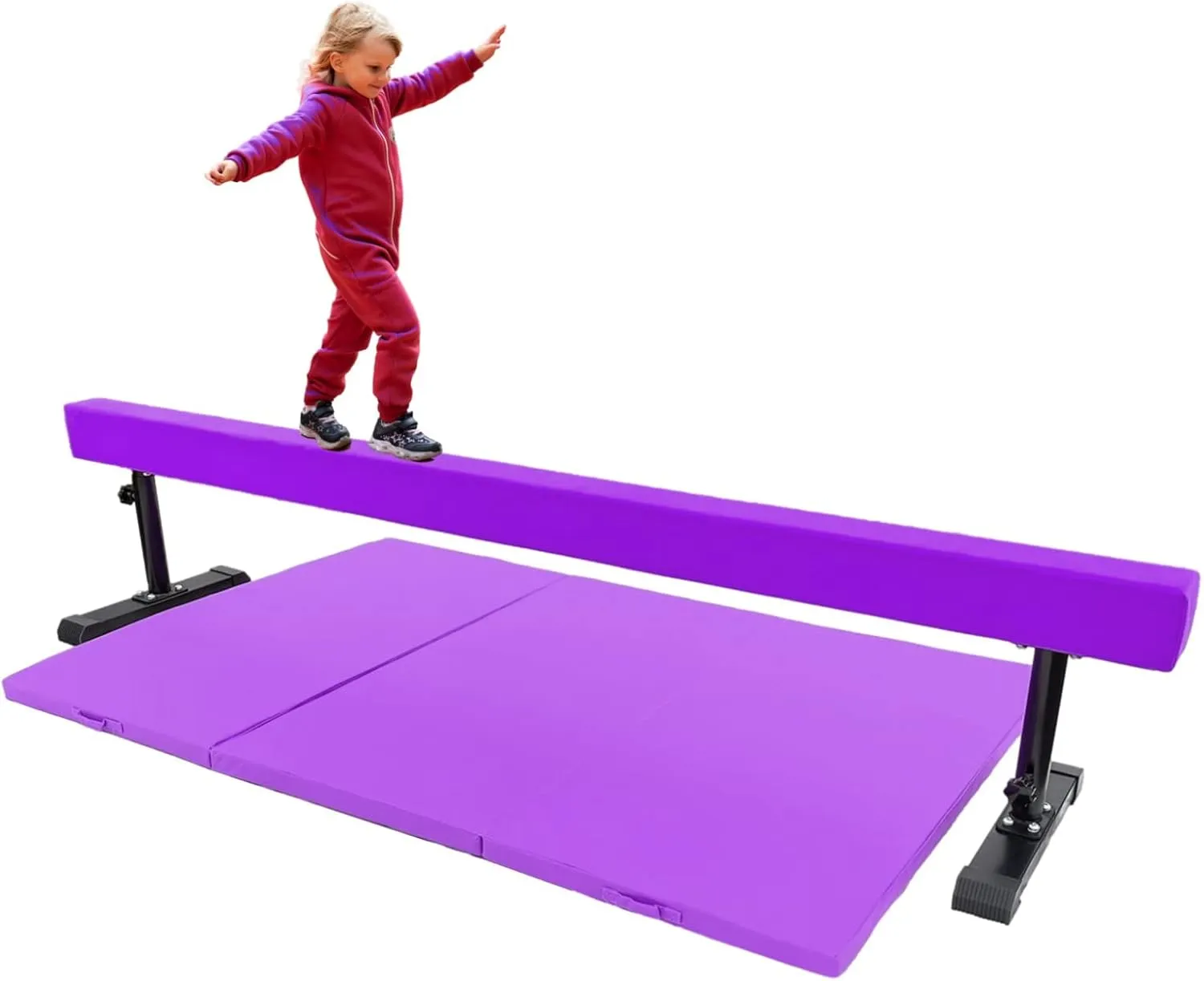 8FT Adjustable Acrobatic Tube Beam with 6FT x 4FT Gymnastics Tumble Mat for Kids/Adults, High and Low Level Suede Balance Beam Gymnastics Competition Training Beam Expandable Legs, Purple