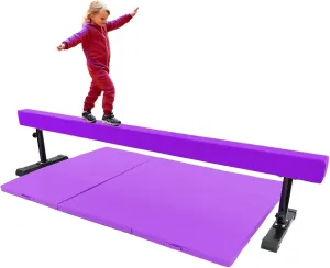 8FT Adjustable Acrobatic Tube Beam with 6FT x 4FT Gymnastics Tumble Mat for Kids/Adults, High and Low Level Suede Balance Beam Gymnastics Competition Training Beam Expandable Legs, Purple