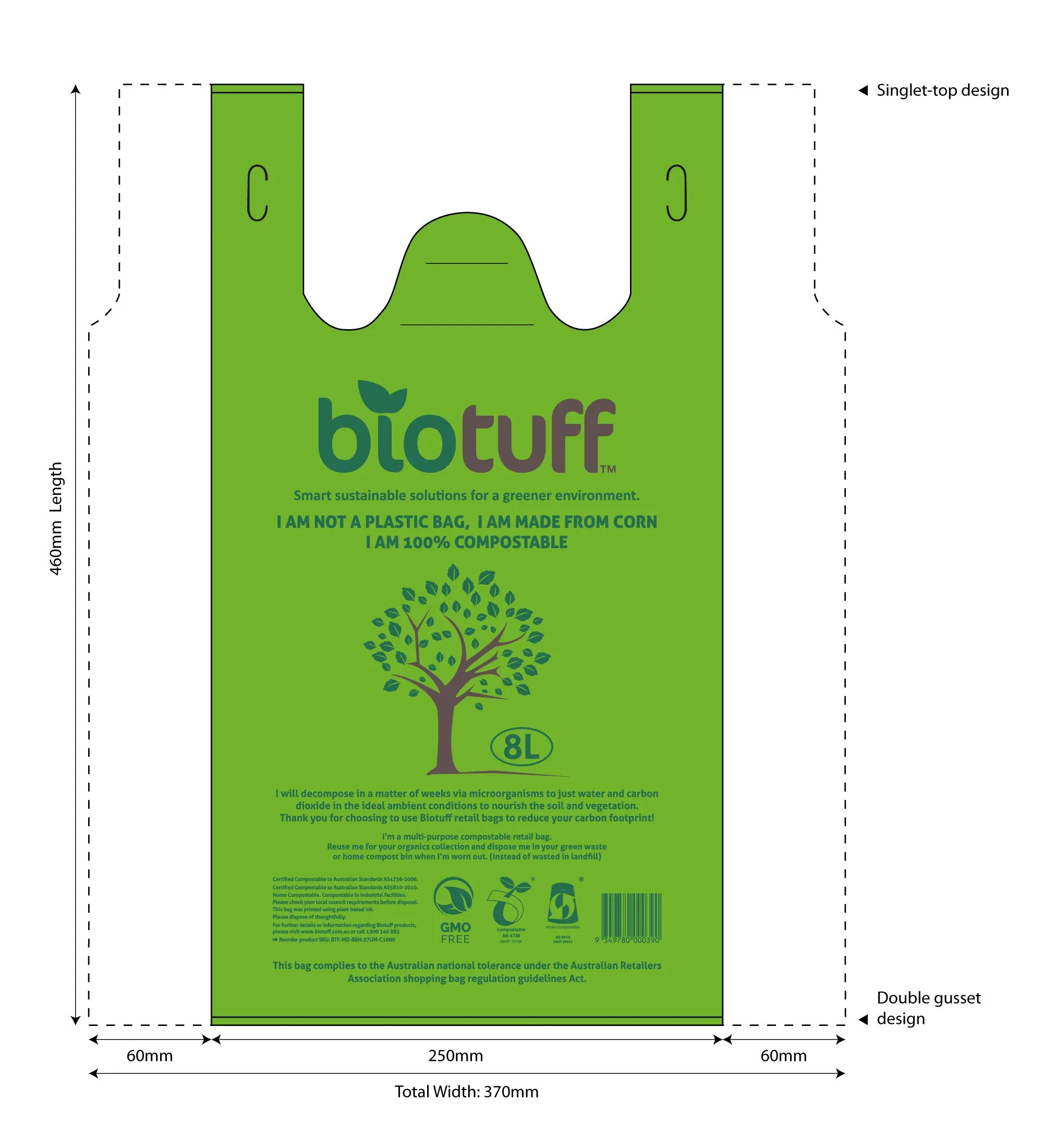 8L Shopping Bags - Compostable Retail Singlet Bags