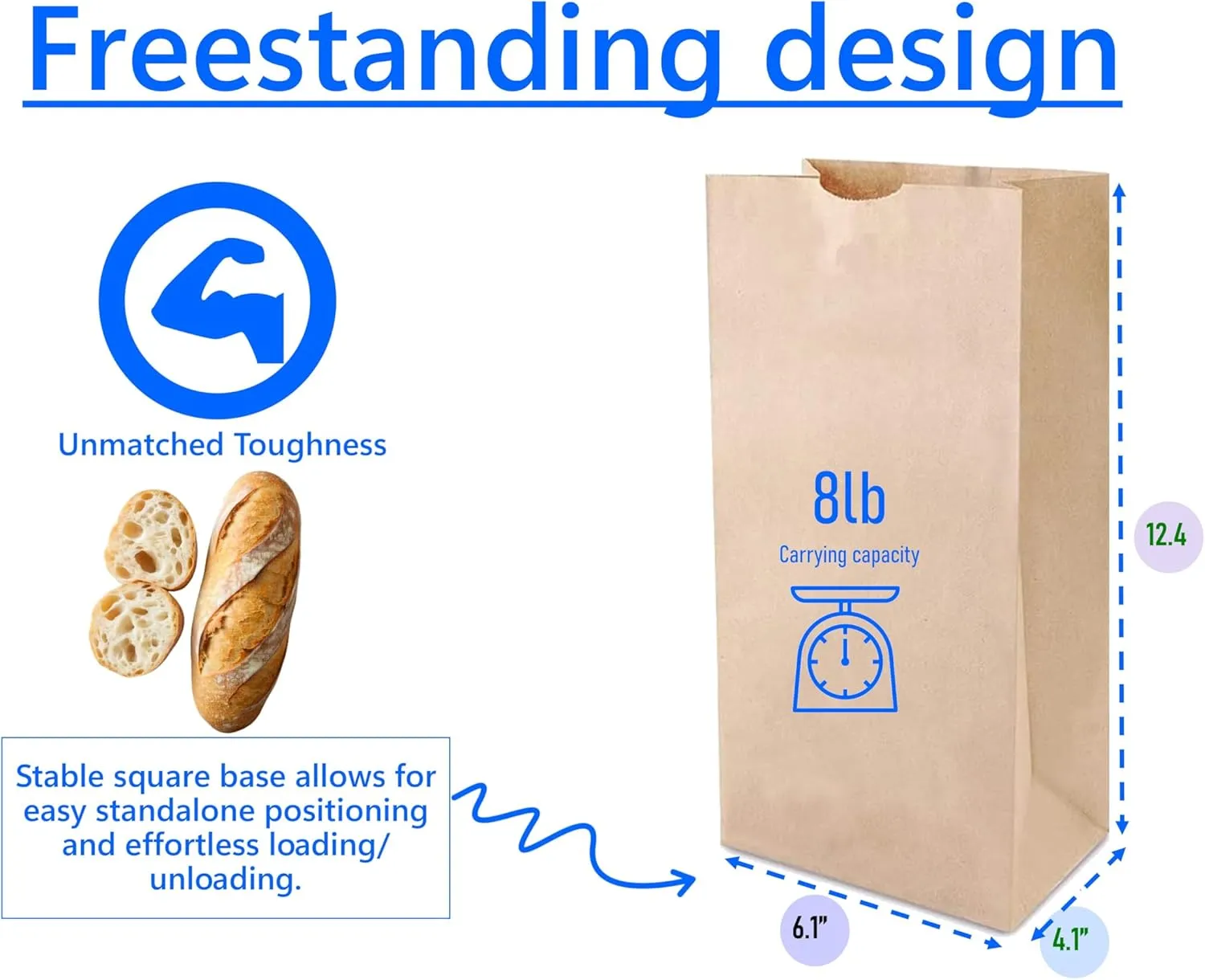 8LB Brown Kraft Paper Bags - Pack of 100, Regular Size, Great for Takeout Orders, Lunch Bags (6.1" X 4.1" X 12.4") - Durable, Reusable, Recyclable & Biodegradable, Ideal for Cafes, and Delis