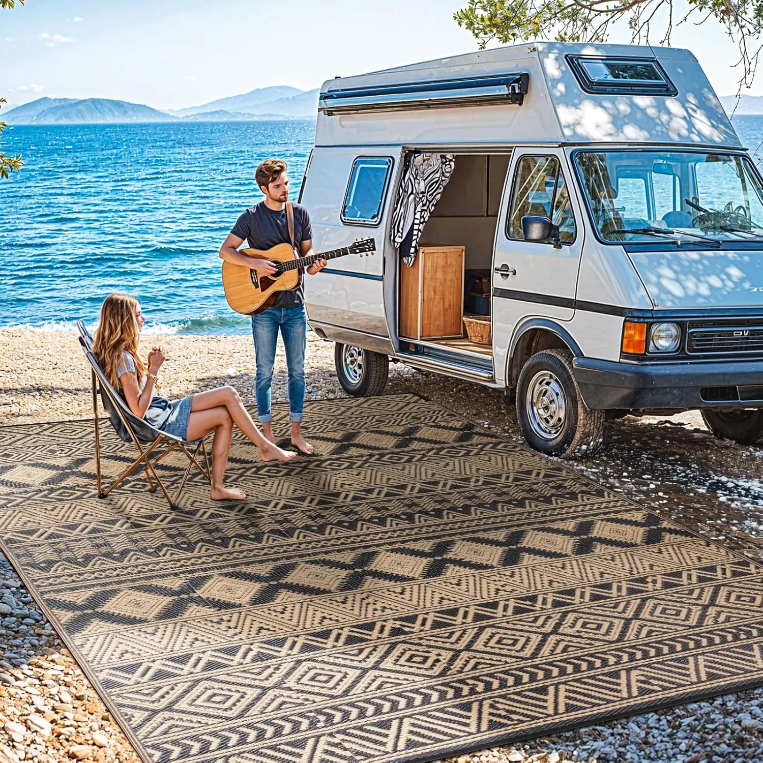 9'x12' Reversible Outdoor Rug - Eco-Friendly Plastic Straw Rug-Heavy-Duty Waterproof Mat, UV & Fade Resistant for Patio, Camping, RV, Deck, Balcony(9x12,Black&Brown)