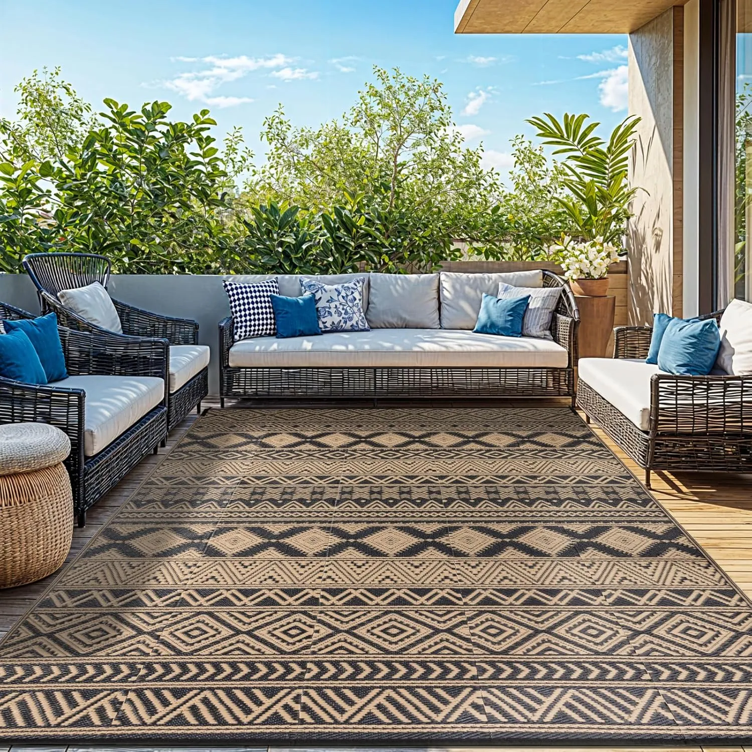 9'x12' Reversible Outdoor Rug - Eco-Friendly Plastic Straw Rug-Heavy-Duty Waterproof Mat, UV & Fade Resistant for Patio, Camping, RV, Deck, Balcony(9x12,Black&Brown)
