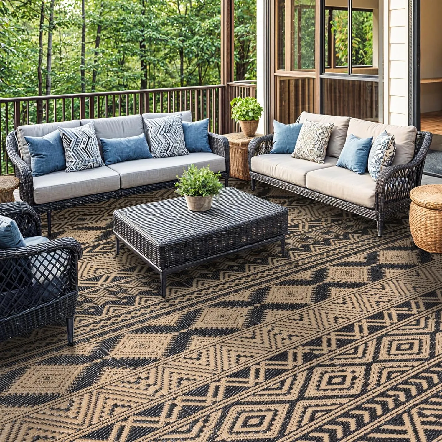 9'x12' Reversible Outdoor Rug - Eco-Friendly Plastic Straw Rug-Heavy-Duty Waterproof Mat, UV & Fade Resistant for Patio, Camping, RV, Deck, Balcony(9x12,Black&Brown)