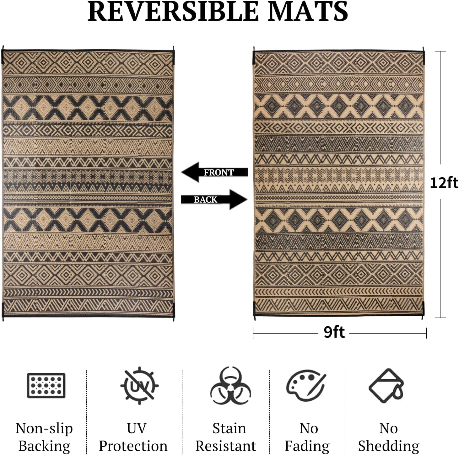 9'x12' Reversible Outdoor Rug - Eco-Friendly Plastic Straw Rug-Heavy-Duty Waterproof Mat, UV & Fade Resistant for Patio, Camping, RV, Deck, Balcony(9x12,Black&Brown)