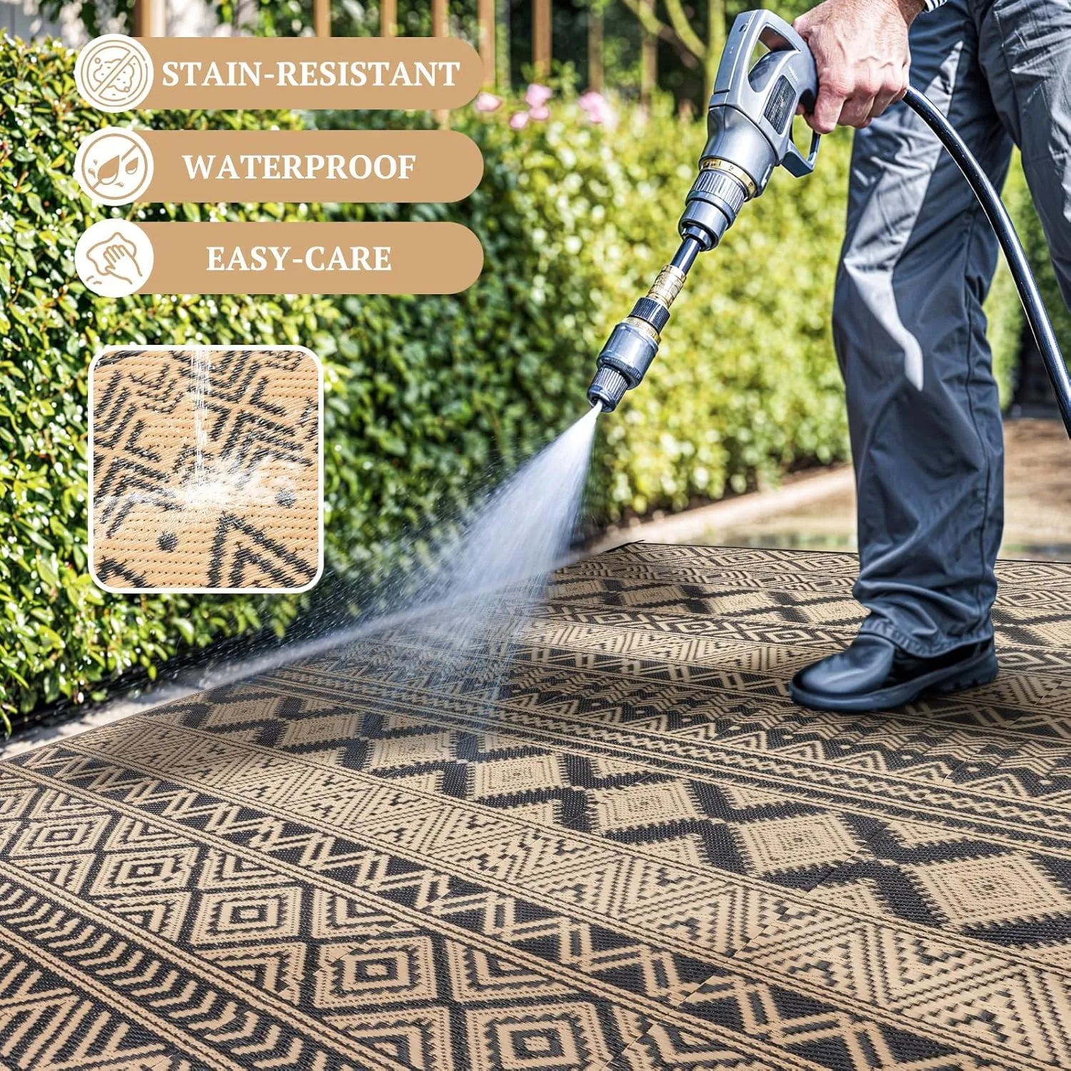 9'x12' Reversible Outdoor Rug - Eco-Friendly Plastic Straw Rug-Heavy-Duty Waterproof Mat, UV & Fade Resistant for Patio, Camping, RV, Deck, Balcony(9x12,Black&Brown)