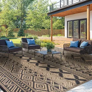 9'x12' Reversible Outdoor Rug - Eco-Friendly Plastic Straw Rug-Heavy-Duty Waterproof Mat, UV & Fade Resistant for Patio, Camping, RV, Deck, Balcony(9x12,Black&Brown)