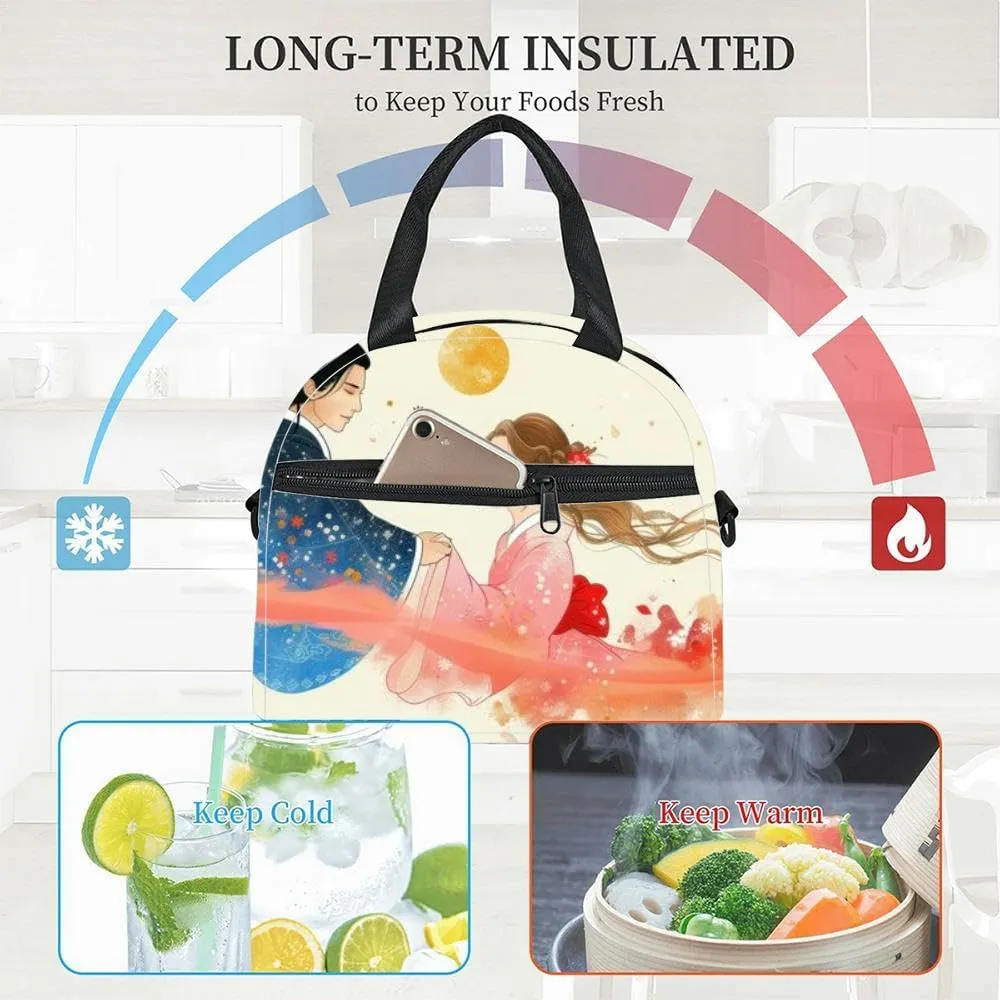 A beautiful depiction two individuals dressed traditional clothing Insulated Adult Lunch Bag with Shoulder Strap for Women Lightweight Reusable Portable Freezable Lunch Tote Bag for Work Picnic