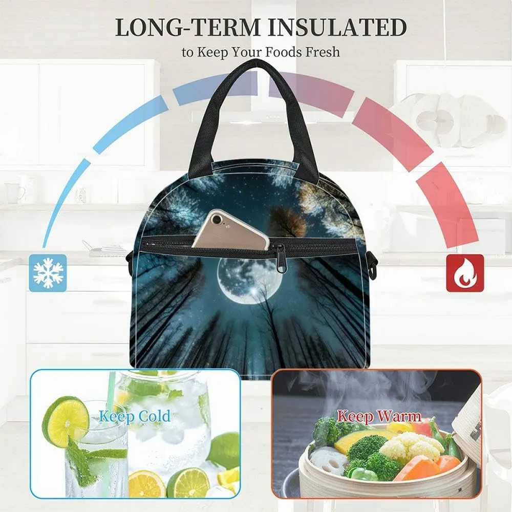 a full moon seen through the trees a forest at night Insulated Adult Lunch Bag with Shoulder Strap for Women Lightweight Reusable Portable Freezable Lunch Tote Bag for Work Picnic
