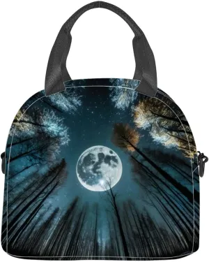 a full moon seen through the trees a forest at night Insulated Adult Lunch Bag with Shoulder Strap for Women Lightweight Reusable Portable Freezable Lunch Tote Bag for Work Picnic