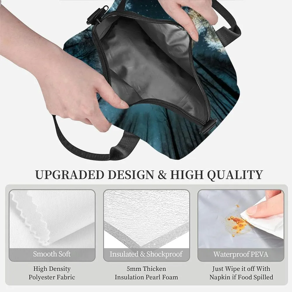 a full moon seen through the trees a forest at night Insulated Adult Lunch Bag with Shoulder Strap for Women Lightweight Reusable Portable Freezable Lunch Tote Bag for Work Picnic