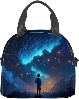 a looking at night starry sky glitter glow galaxy flicker above Insulated Adult Lunch Bag with Shoulder Strap for Women Lightweight Reusable Portable Freezable Lunch Tote Bag for Work Picnic