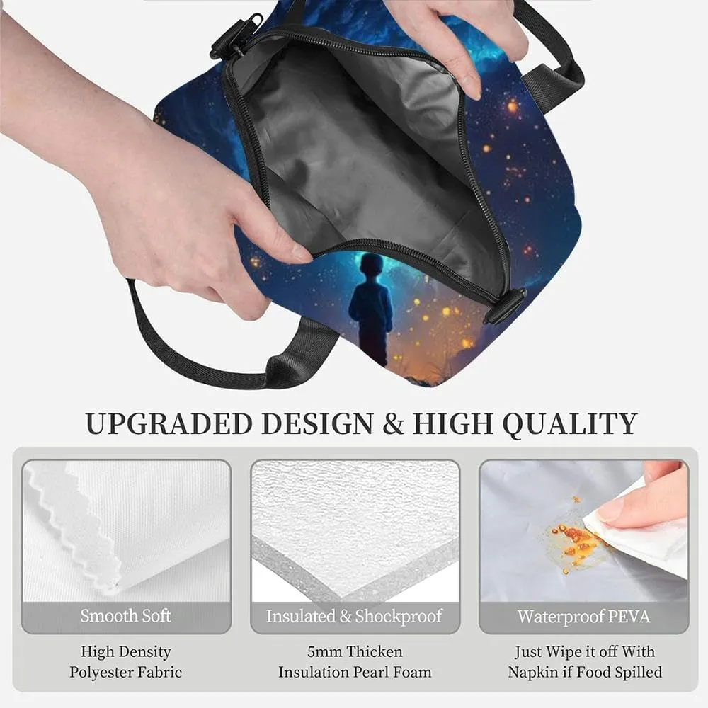 a looking at night starry sky glitter glow galaxy flicker above Insulated Adult Lunch Bag with Shoulder Strap for Women Lightweight Reusable Portable Freezable Lunch Tote Bag for Work Picnic