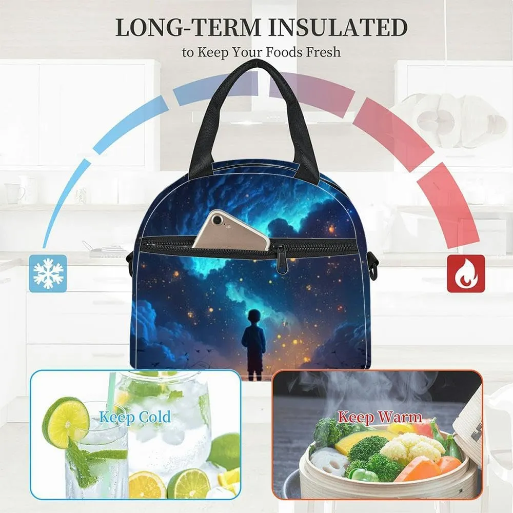 a looking at night starry sky glitter glow galaxy flicker above Insulated Adult Lunch Bag with Shoulder Strap for Women Lightweight Reusable Portable Freezable Lunch Tote Bag for Work Picnic
