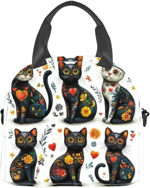 A set Day the Dead cat clip art a white and black outlines The cats Insulated Adult Lunch Bag with Shoulder Strap for Women Lightweight Reusable Portable Freezable Lunch Tote Bag for Work Picnic
