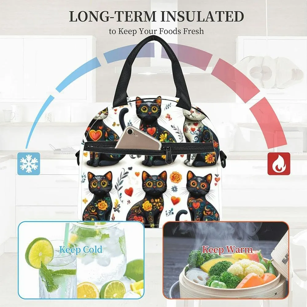 A set Day the Dead cat clip art a white and black outlines The cats Insulated Adult Lunch Bag with Shoulder Strap for Women Lightweight Reusable Portable Freezable Lunch Tote Bag for Work Picnic
