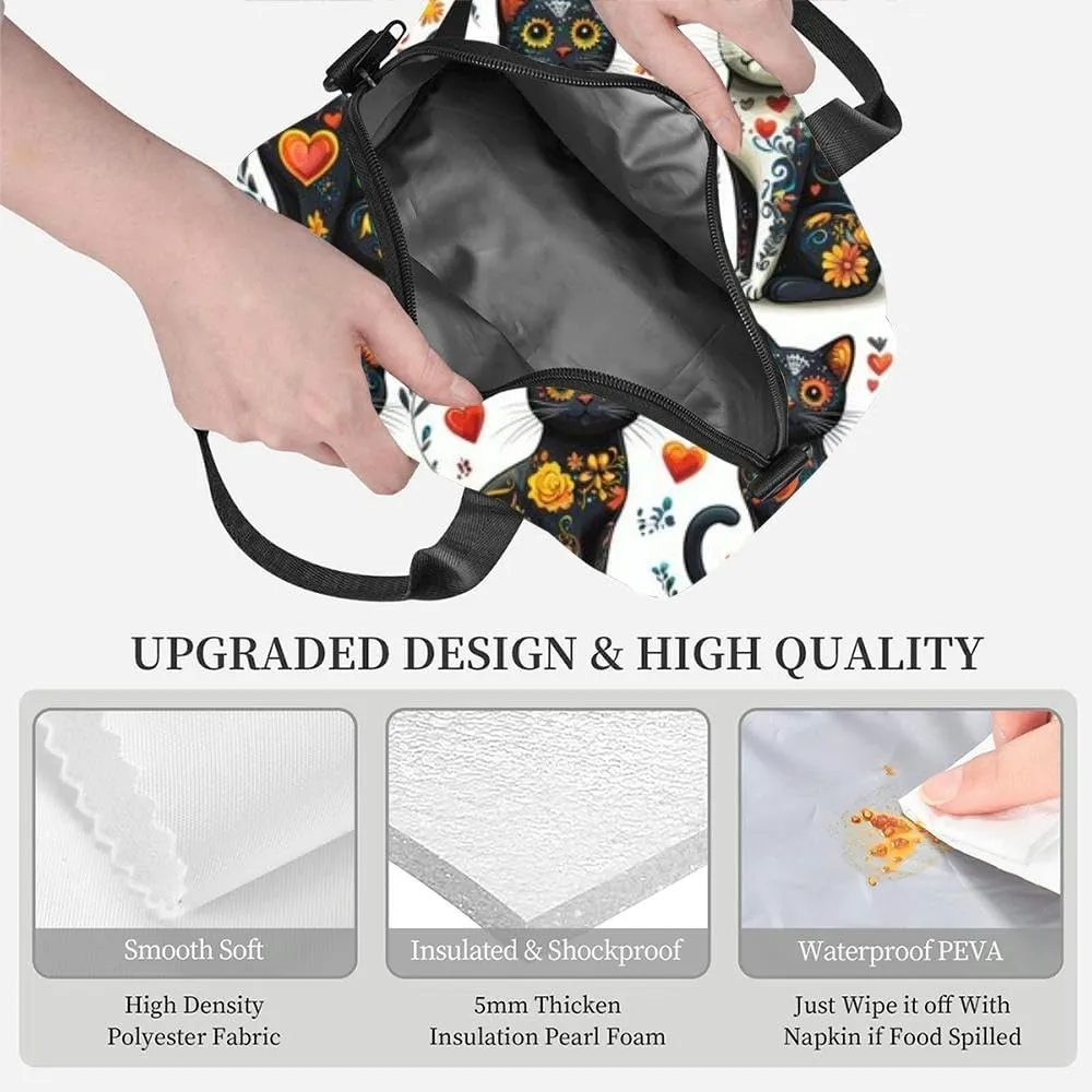 A set Day the Dead cat clip art a white and black outlines The cats Insulated Adult Lunch Bag with Shoulder Strap for Women Lightweight Reusable Portable Freezable Lunch Tote Bag for Work Picnic