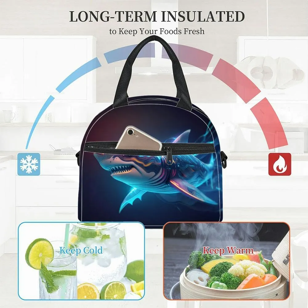 A shark glowing blue and orange outlines its sharp teeth bared swims Insulated Adult Lunch Bag with Shoulder Strap for Women Lightweight Reusable Portable Freezable Lunch Tote Bag for Work Picnic