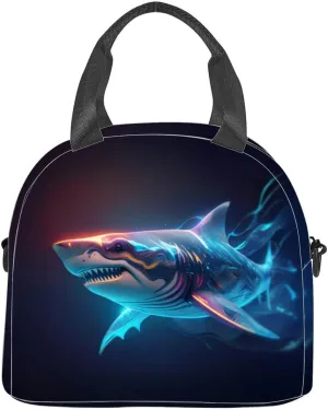A shark glowing blue and orange outlines its sharp teeth bared swims Insulated Adult Lunch Bag with Shoulder Strap for Women Lightweight Reusable Portable Freezable Lunch Tote Bag for Work Picnic