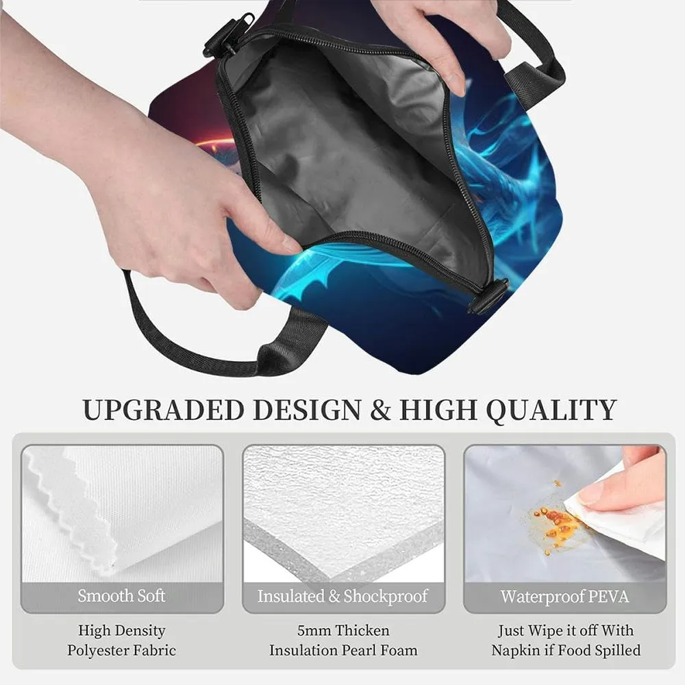 A shark glowing blue and orange outlines its sharp teeth bared swims Insulated Adult Lunch Bag with Shoulder Strap for Women Lightweight Reusable Portable Freezable Lunch Tote Bag for Work Picnic