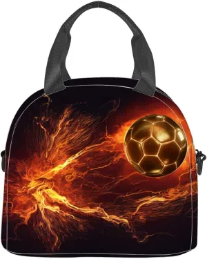 A soccer ball frying through the air blazing fire trail Insulated Adult Lunch Bag with Shoulder Strap for Women Lightweight Reusable Portable Freezable Lunch Tote Bag for Work Picnic