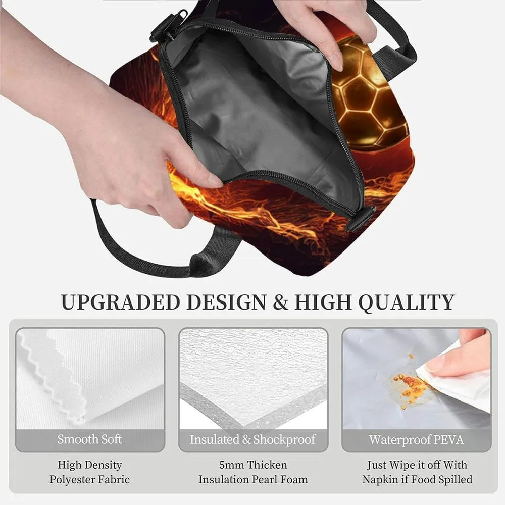 A soccer ball frying through the air blazing fire trail Insulated Adult Lunch Bag with Shoulder Strap for Women Lightweight Reusable Portable Freezable Lunch Tote Bag for Work Picnic