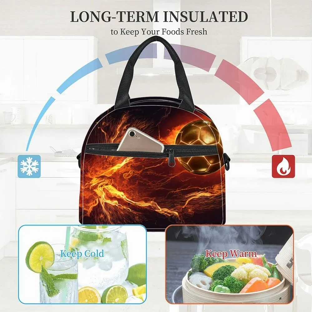 A soccer ball frying through the air blazing fire trail Insulated Adult Lunch Bag with Shoulder Strap for Women Lightweight Reusable Portable Freezable Lunch Tote Bag for Work Picnic