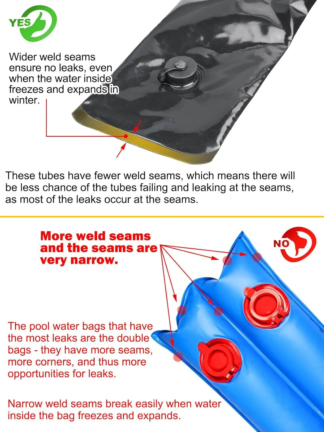 Abimars 0.7mm Thicker Black Winter Water Tube for Swimming Pool Covers, 12 Pack 10 FT Water Weight Bags for Pool Side, 3-Layer Composite Material